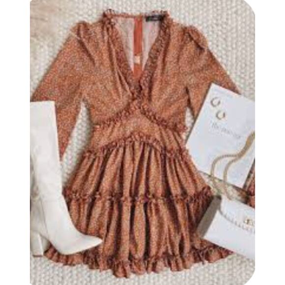 NWT Lulus Admire You Burnt Orange Floral Print Ruffled Long Sleeve Mini Dress M - Picture 3 of 12
